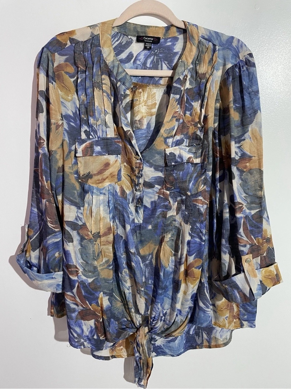 Cocomo Blue and Tan Floral Tie-Front Blouse